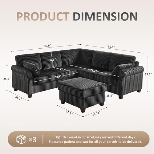 90.6" V-Shaped Sectional Sofa with Storage Ottoman, Corduroy Black - Image 2