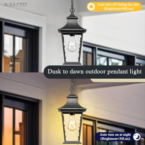 Image of 16.4 Inch Black Hanging Porch Lights Outdoor Waterproof Aluminum Outdoor Pendant Light Dusk to Dawn Exterior Hanging Light Fixture for Gazebo E26 Socket
