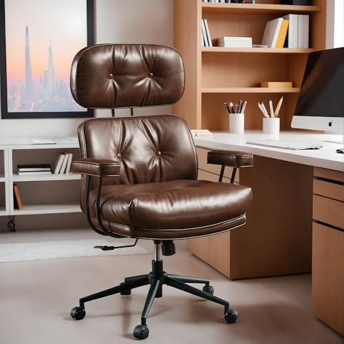 Image of High Back Executive Office Chair with Comfortable Deep Seat,Brown PU Leather Modern Office Chair,Ergonomic Big and Tall Computer Desk Chair with Lumbar Support(Dark Brown)