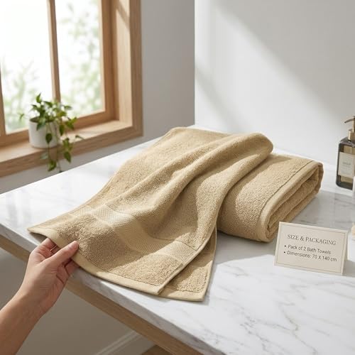 Image of Sulfar 100% Combed Cotton, Quick Drying Highly Absorbent Thick Bathroom Towels, Luxury Bath Towel Set (Pack of 2, 70 X 140 cm) - 600 GSM (Bleach Sand)