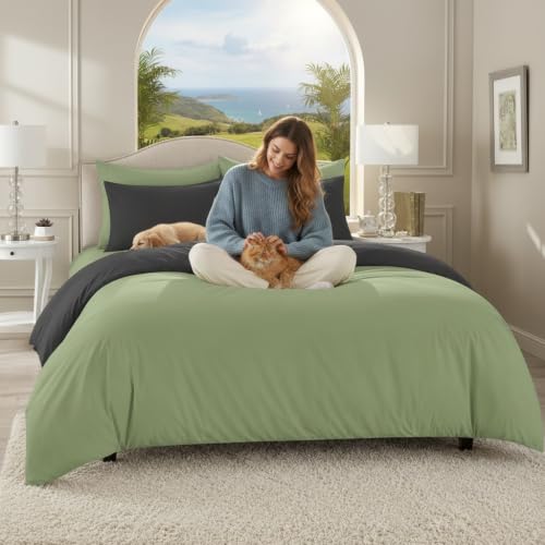 Image of Duvet Cover Double Size Bed (90x95 Inch) 1 Duvet Cover + 4 Pillow Covers with Zipper 600 TC Cotton Reversible Luxurious Quilt, Comforter, Rajai, Blanket Cover (Sage /Dark Grey)