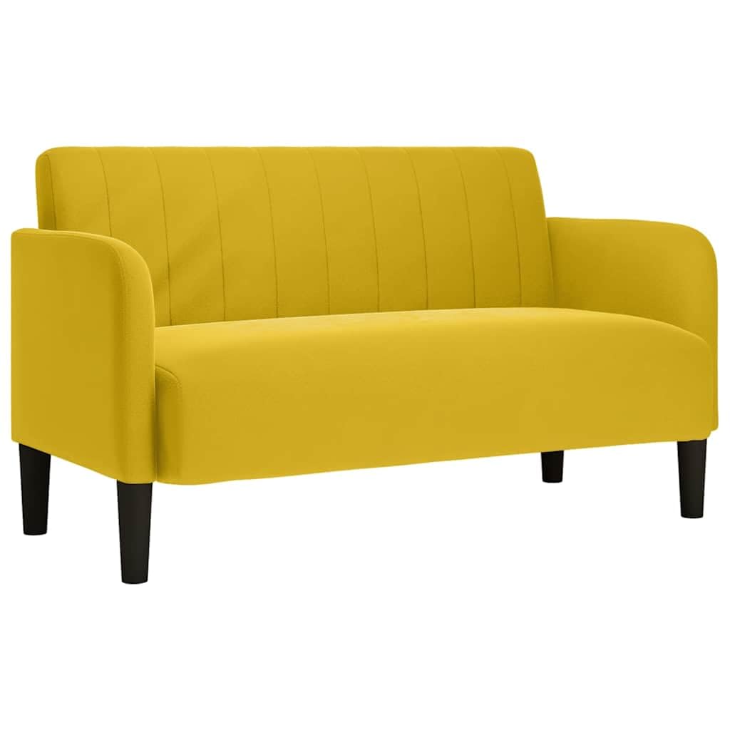 Sofá de terciopelo amarillo de dos plazas con elegantes reposabrazos de madera de 124 cm