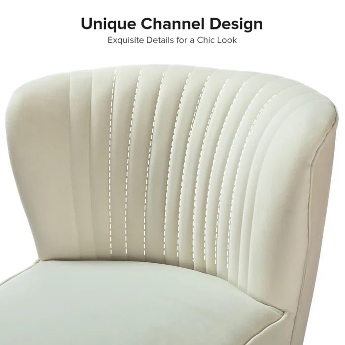 Image of Modern Upholstered Accent Velvet Chair Single Seater Channel Tufted Wing Back Chair with Golden Matel Legs for Living Room, Bedroom, Dining Room, Ivory