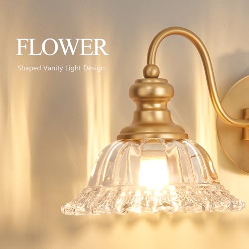 Image of 4 Lights Gold Vintage Bathroom Vanity Light Fixture Over Mirror | Floral Transparent Glass Shades,Antique Wall Sconces,Wall Mount Up or Down, E26 Socket, Hardwired