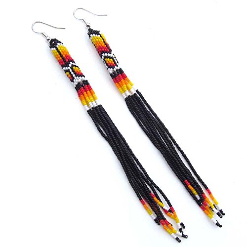 HANDMADE BEADED INDIAN FASHION JEWELRY BLACK FIRE COLOR SEED FASHIONABLE EXTRA LONG EARRINGS E-53/27