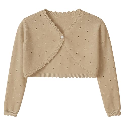 Image of Girls Cardigan, Girls Bolero Shrug Sweater, Kids Knit Hollow Out Long Sleeve, Button Cover Up Cropped Tops