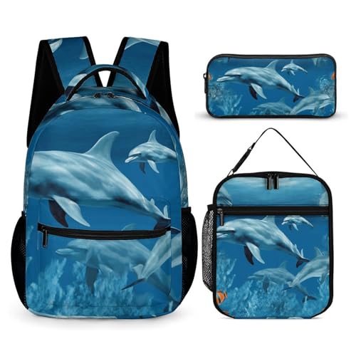 Dolphins Blue Backpack Set 3 Piece, Durable Backpack Insulated Lunch Bag Portable Pencil Case for Men Women
