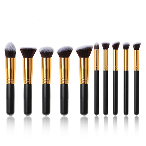 10pcs Premium Makeup Brush Set Synthetic Kabuki Cosmetics Foundation Blending Eye Shadows Brush Face Powder Brush(Golden Black)