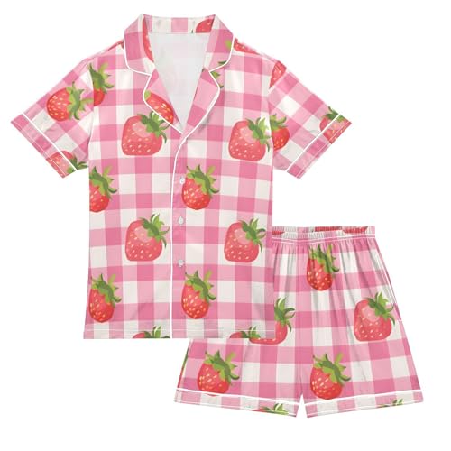 ALAZA Plaid Strawberry Pajamas Satin Pajama Set Short Sleeve Button Down Sleepwear