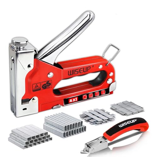 WISEUP Juego de Grapadora Manual 4 en 1, certificación TUV, material de acero cromado, amortiguación duradera, Pistola de grapas Aplicable a tapicero, madera, pared, cables