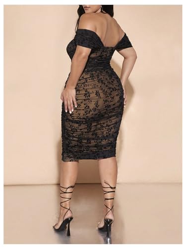 WDIRARA Women's Plus Size Floral Mesh Midi Dress Off The Shoulder Ruched Bodycon Dresses2
