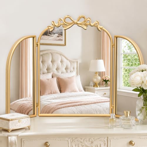 Image of Besdomus Bow 3 Way Vanity Mirror: 36 inchx24 inch Gold Large Vintage Trifold Mirror | French Antique Metal Framed - Large Three Sided Dresser Mirors for Bedroom /Dressing Room /Cloakroom - Home Decor for Housewife