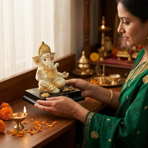 Image of Ganesha Idol for Home Decor | 4 Inch Golden Resin Ganpati Murti | Small Ganesh Ji Idol for Car Dashboard, Office Desk, Pooja Room | Vastu Decorative Statue (172g)