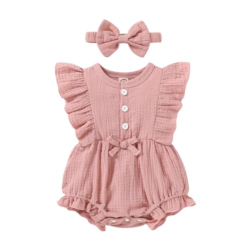 Image of Happy Town Newborn Baby Girl Summer Clothes Infant Linen Romper Ruffle Sleeve Baby Girl Jumpsuit Outfits