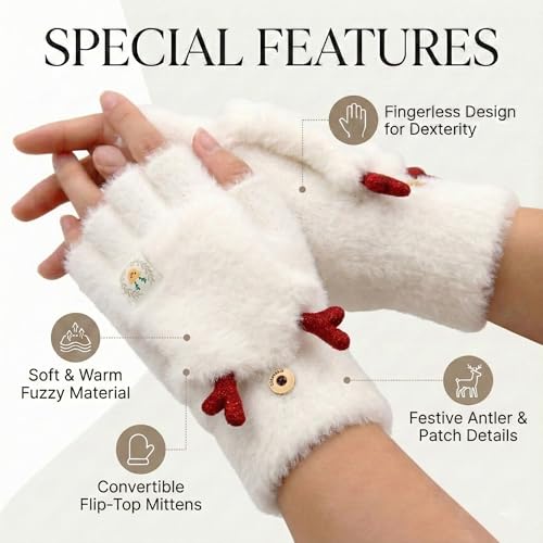 Image of Kraptick Women's Cute Reindeer Plush Convertible Fingerless Gloves - Winter Warm Fluffy Flip-Top Mittens - Korean Style Soft Hand Warmers for Girls & Ladies (Free Size, White)-3