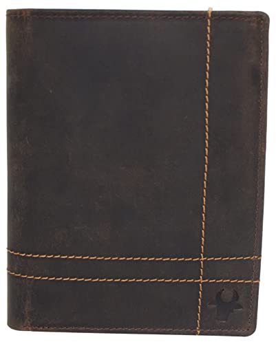 MARSHAL Bifold Genuine Leather RFID Blocking Wallet For Men Card Slots, 2 Bill Compartments, ID Windows, Money, (Vintage Logo Brown)