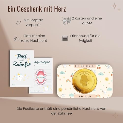 MilaBoo® Zahnfee Geschenk Kinder I Goldene Glücksmünze mit Urkunde & Zahnzertifikat I Geschenkset für Mädchen & Jungen zur Zahnübergabe (Zahnfee Glücksmünze)