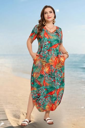Image of Women's Plus Size Maxi Dresses V Neck Casual Short Sleeve Loose Pocket Slits Long Dress XL-5XL