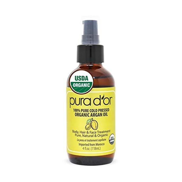 PURA D'OR Organic Moroccan Argan Oil (4oz / 118mL) USDA Certified 100% Pure Cold Pressed Virgin Premium Grade Moisturizer Treatment for Dry, Damaged Skin, Hair, Face, Body, Scalp (Packaging may vary)