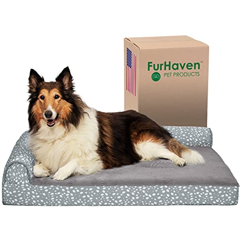 Image of Furhaven Cooling Gel Dog Bed for Large Dogs w / Removable Bolsters & Washable Cover, For Dogs Up to 95 lbs - Plush & Almond Print L Shaped Chaise - Gray Almonds, Jumbo /XL