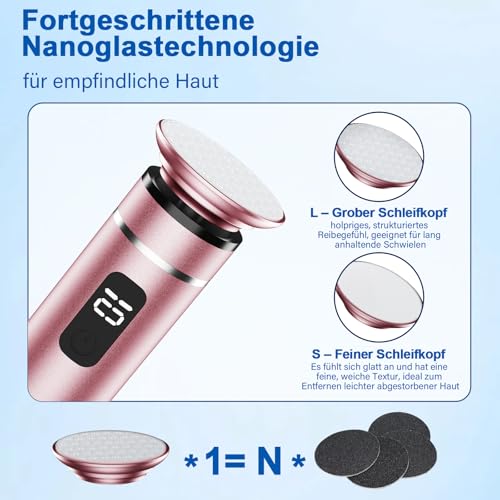 Robofun Elektrische Hornhautentferner Kabellos mit 4 Nano-Glasaufsätzen, Einstellbare Geschwindigkeit Professionelle Hornhautentferner Elektrisch für rissige Fersen, Hühneraugen & Hornhaut - Rosa