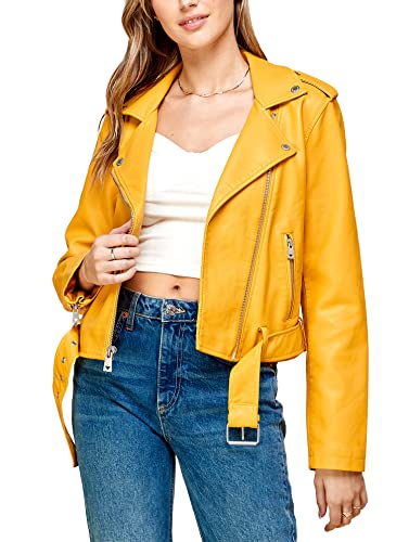 Made By Johnny MBJ WJC1849 Women's Asymmetrical Faux Lether Belted Moto Jacket S Mustard