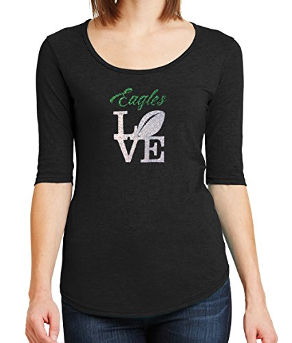 Women's Eagles Love SPARKLE T-Shirt - Half Sleeve Scoop Neck - Tri-Blend - SOFT FEEL,Black,Medium
