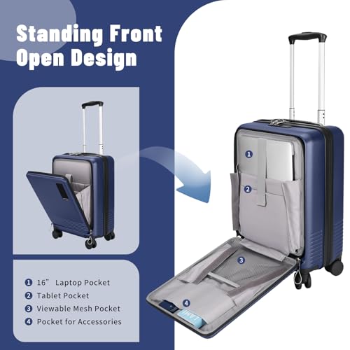 20 inch Small Carry On Luggage Front Open with Laptop Pocket, ABS+PC Hard Shell Suitcase with Spinner Wheels TSA Lock & YKK Zipper, 20in/Toiletry Bag/Handbag, Dark Deep Navy Blue4