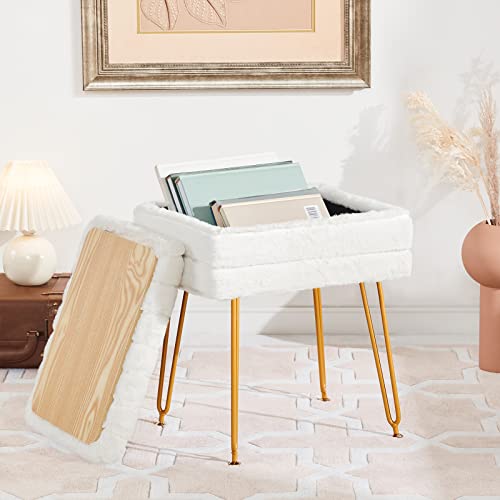 Soohow Vanity Chair Storage Vanity Stool Ottoman Foot Rest, Faux Fur Makeup Vanity Stool, Vanity Chair For Makeup Room, Foot Stool For Living Room, Bedroom, Storage Ottoman，Metal Legs #TOP20