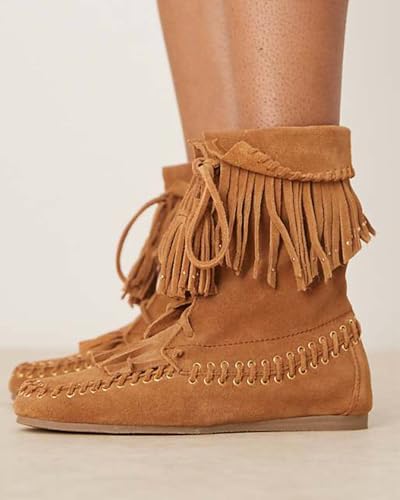 KOKOMOMO Women Flat Fringe Ankle Boots Fold Over Vintage Suede Leather Woven Western Cowboy Boots Comfort Round Toe Lace Up Foldover Short Boot with Tassel2