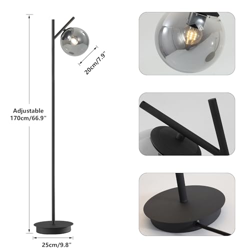 Image of Mid Century Floor Lamp for Living Room Moderm Tall Standing Lamp with Frosted Glass Globe Shades Contemporary Brass Freestanding Lamp for Office Bedroom (Black-Smoky Gray)