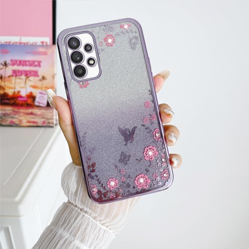 Image of for Samsung Galaxy A53 Case, A53 5G Case for Women Gradual Change Glitter Crystal Soft TPU Stylish Butterfly Floral Heart Clear Protective Cover with Strap for Samsung A53 5g (Purple)