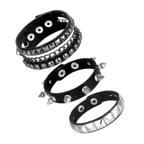 Yylaiire 3 Pcs Rock Studded Bracelet Set,Leather Punk Accessories,Sequin Style Bracelet,Unisex,Emo Accessories,Adjustable Wrap Wristband,80s Rock,Halloween Party Favors,Concert Essential