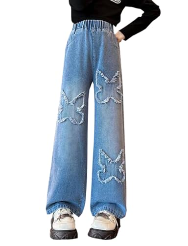 Girls Casual Butterfly Embroidered Baggy Jeans Trousers Kids Elastic Waist Wide Leg Pants Denim Pants