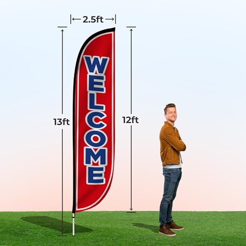 Image of LookOurWay Feather Flag Set, 12 ft Advertising Flag with Fiberglass Poles and Ground Spike for Business Promotion, Welcome (Red)
