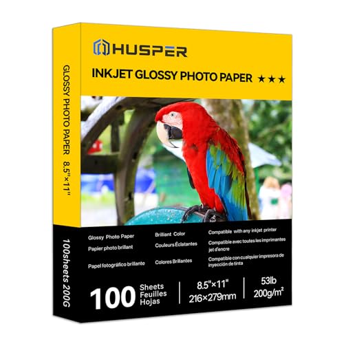 HUSPER Inkjet Glossy Photo Paper 100 Sheets 8.5x11 Inches 53lb Professional Photographic Paper Compatible with Dye Ink Printers 200GSM Instant Dry
