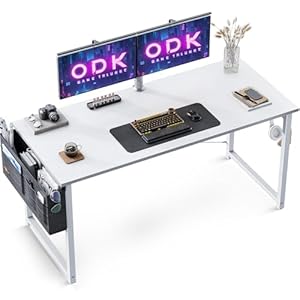 ODK Schreibtisch Weiß 120×48×73.5cm Computertisch Bürotisch mit Kopfhörer Halter und Aufbewahrungstasche, Kleiner Schreibtisch Arbeitszimmer Holz PC Tisch Officetisch für Home, Office