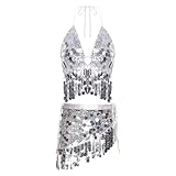 Women's Sequin Lace Up Crop Top Belly Dance Performance Costume Sparkly Bra Rave Party Outfit