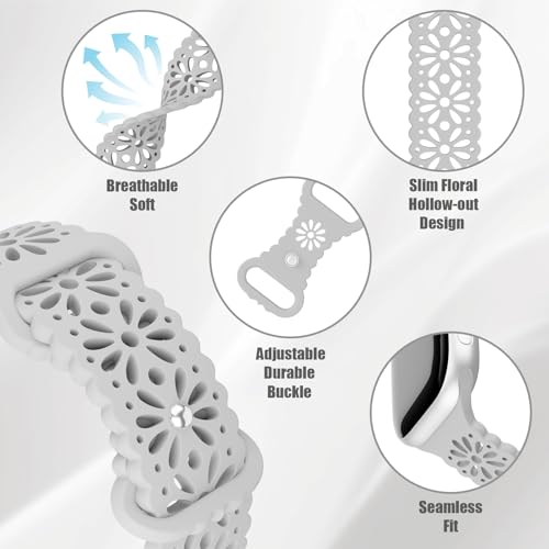 Image of 4 Pack Slim Lace Silicone Bands Compatible for Apple Watch 38mm 40mm 41mm 42mm 44mm 45mm 46mm 49mm, Thin Hollow-out Floral Breathable Strap for iWatch Series 11 /10 /9 /8 /7 /6 /5 /4 /3 /2 /1Ultra SE Women Men