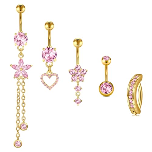 Briana Williams Gold Belly Button Ring Pink Belly Rings for Women Surgical Stainless Steel Heart Butterfly Dangle Belly Button Jewelry for Women Silver