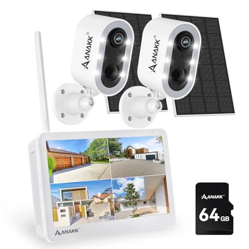 Solar Security Cameras System Wireless Outdoor with Monitor, 2 Cameras Home Surveillance, Color Night Vision, 24/7 Recording, Motion Detection, Weatherproof, Expandable to 10CH, No Monthly Fee (White) by Anakk - Used condition - US$129.21