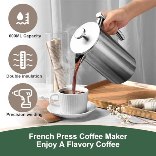 Image of French Press Coffee Maker Double Insulated 304 Stainless Steel Coffee Maker with 4 Level Premium Filtration System Rust-Free Dishwasher Safe (1, 800 ML)