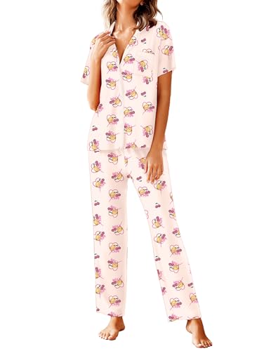 Image of Avidlove Women Pajamas Set Notch Collar Soft Sleepwear Pjs Short Sleeve Button Down Nightwear with Long Pants
