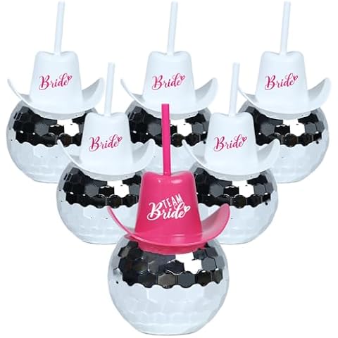 ZHURUININ Bride Bachelorette Cups Set of 6 Pink Bride disco cowgirl Hat Cup for Bachelorette Party Decorations Bachelorette Penisis Decor（1+5） Cover