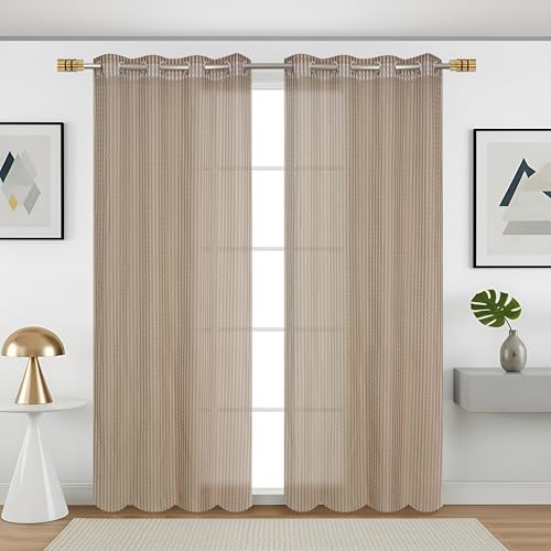 Image of Premium Sheer Net Curtain for Long Door 10 Feet | Transparent Net Fabric with Geometric Design | Pack of 1, Chikoo
