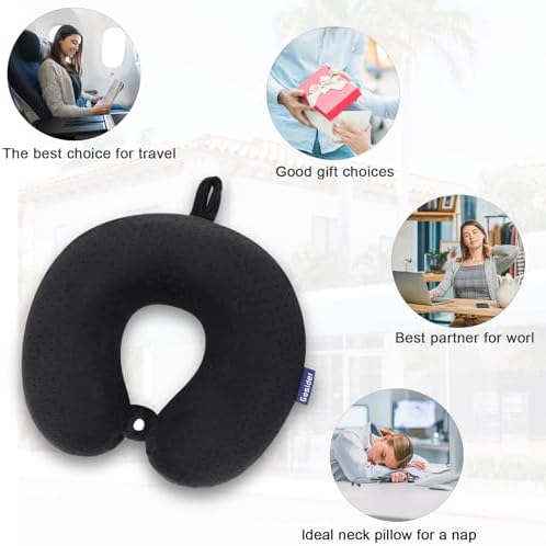 Black Travel Neck Pillow Memory Foam Airplane Pillow for Neck and Head Support Soft Portable U Shape Neck Pillow for Plane, Car & Home Office Use - 5
