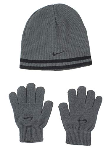 Nike Youth Beanie Hat and Glove Set Grey with Black Stripe...