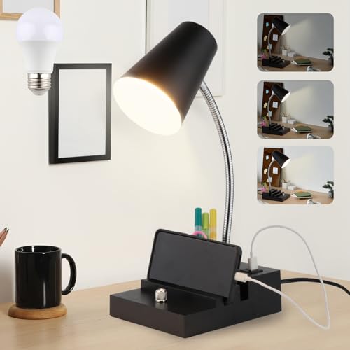 LALISU Study Desk Lamp with USB Charging and Type-C Night Light, Gooseneck LED Table Lamp Stepless Dimming Study Table Lamp with Pen Holder for College Dorm Bedroom and Office (Black)