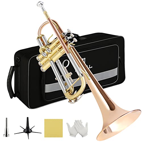 ROWELL Trumpet Standard Bb Trumpet Set Professional Trumpet Bass Trumpet for Beginners with Deluxe Hand Case,Gloves,7C Mouthpiece and Trumpet Clean Kit (Gold Lacquer Rose Brass)