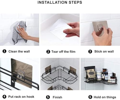 Image of Self Adhesive Bathroom Corner Shelf Without Drill, Stainless Steel Corner Rack, Shampoo Holder, Bathroom Storage Organizer, Waterproof Rustproof (Black, Pack of 1)